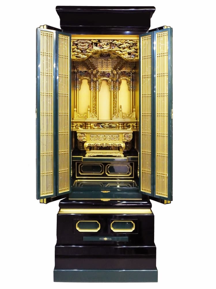 銭辰堂 美術仏壇 もえぎ色本漆塗 浄土真宗本願寺派用1-1