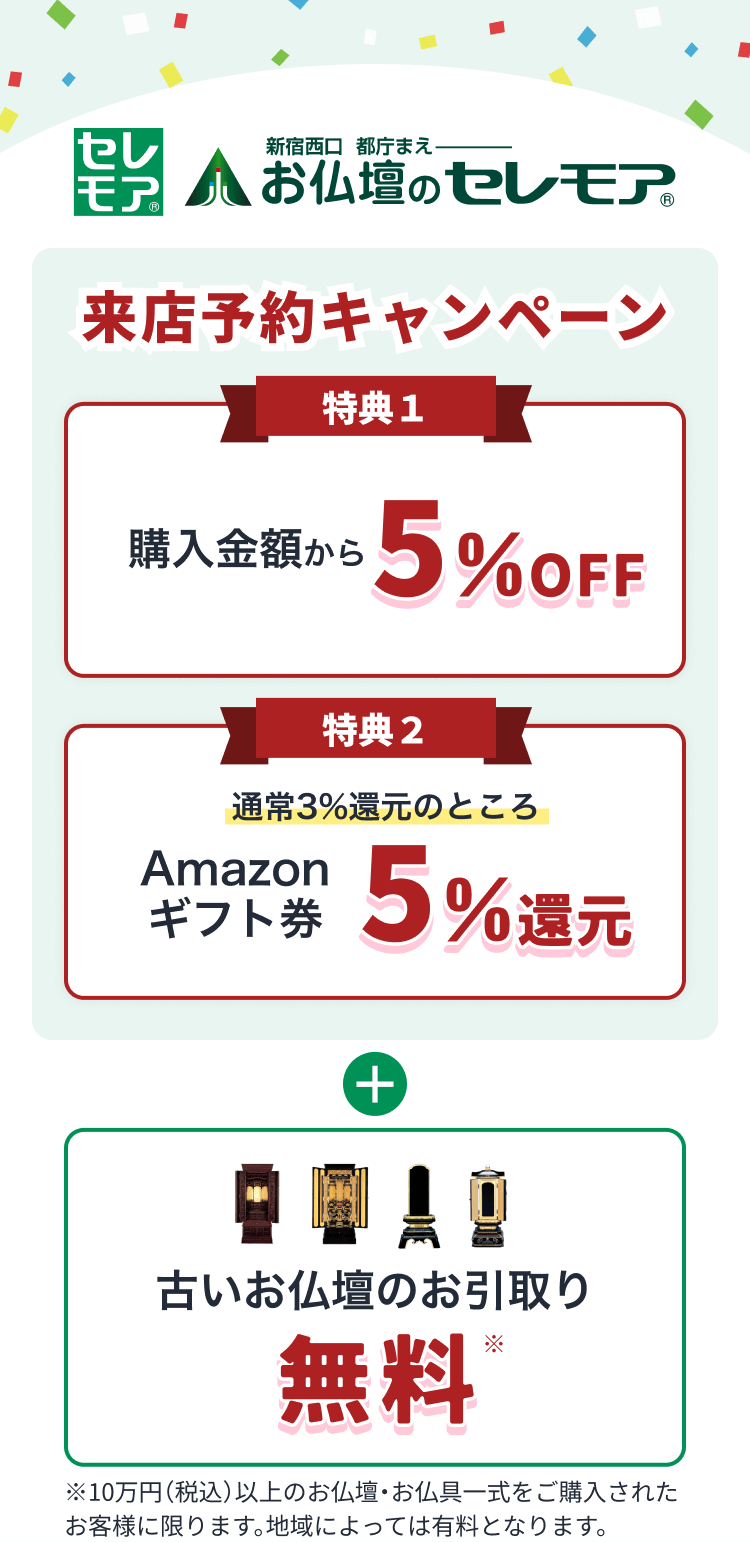 お仏壇のセレモア 来店予約キャンペーン 特典1：購入金額から5%off、特典2：通常3%還元のところAmazonギフト券5%還元